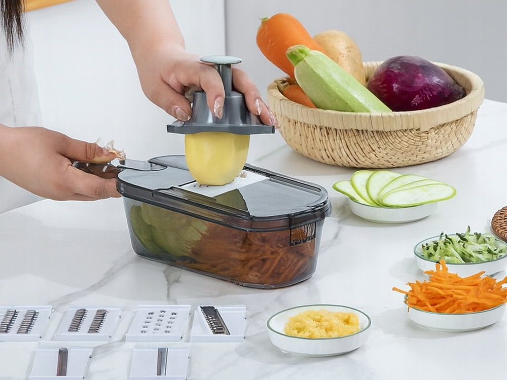 Razatoare multifunctionala pentru legume si fructe, cu recipient colector, 6 lame interschimbabile, feliere si tocare, mandolina bucatarie [3]