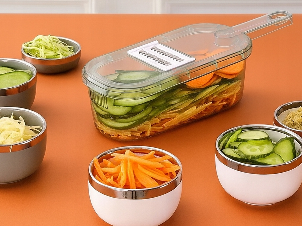 Razatoare multifunctionala pentru legume si fructe, cu recipient colector, 6 lame interschimbabile, feliere si tocare, mandolina bucatarie [7]
