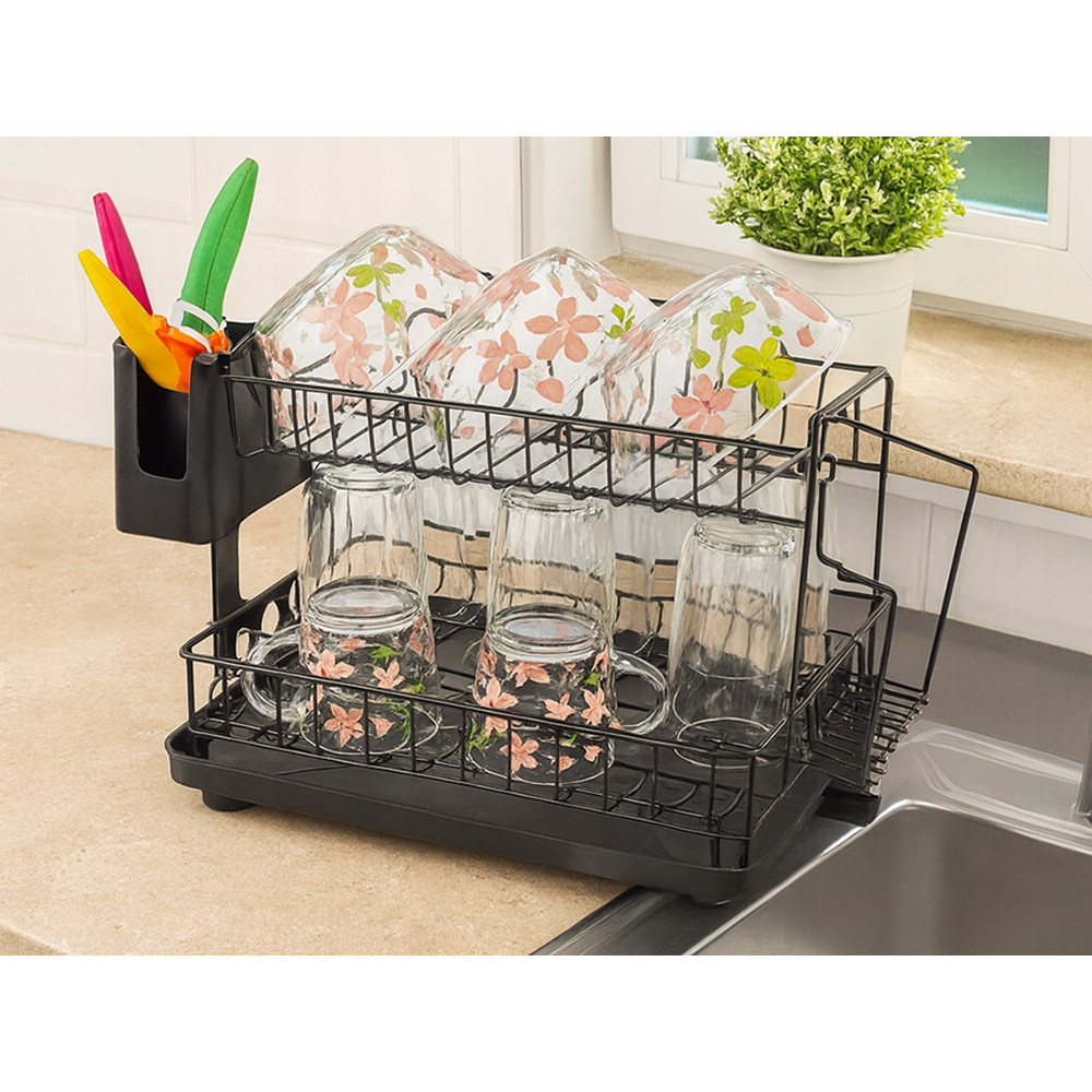 Scurgator de vase GenesioHome, 2 Niveluri, 42 x 30 x 27.5 cm, Orifiu Scurgere, Metal si Plastic, Non-toxic, Compact, culoare Negru [5]