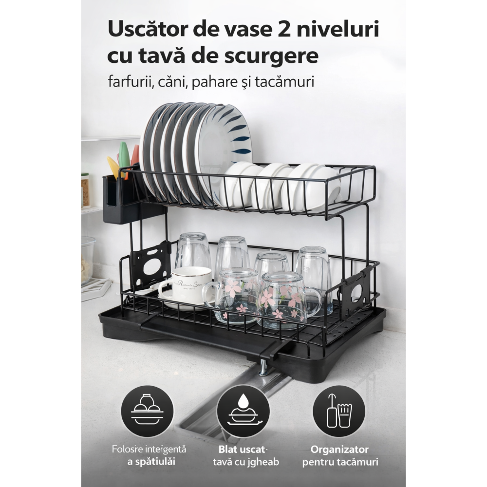 Scurgator de vase GenesioHome, 2 Niveluri, 42 x 30 x 27.5 cm, Orifiu Scurgere, Metal si Plastic, Non-toxic, Compact, culoare Negru [3]