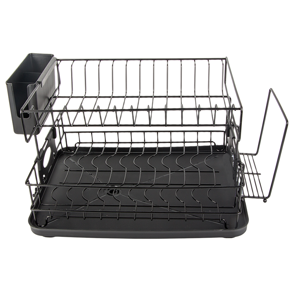 Scurgator de vase GenesioHome, 2 Niveluri, 42 x 30 x 27.5 cm, Orifiu Scurgere, Metal si Plastic, Non-toxic, Compact, culoare Negru [11]