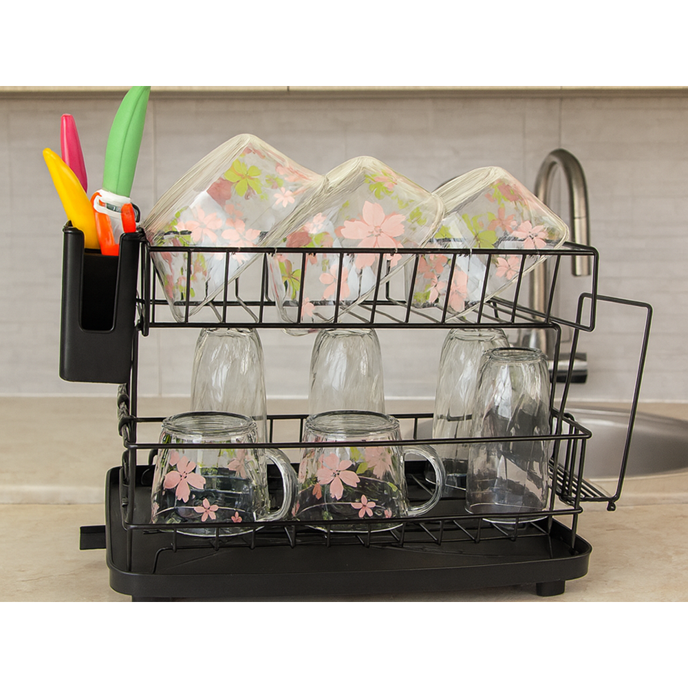 Scurgator de vase GenesioHome, 2 Niveluri, 42 x 30 x 27.5 cm, Orifiu Scurgere, Metal si Plastic, Non-toxic, Compact, culoare Negru [6]