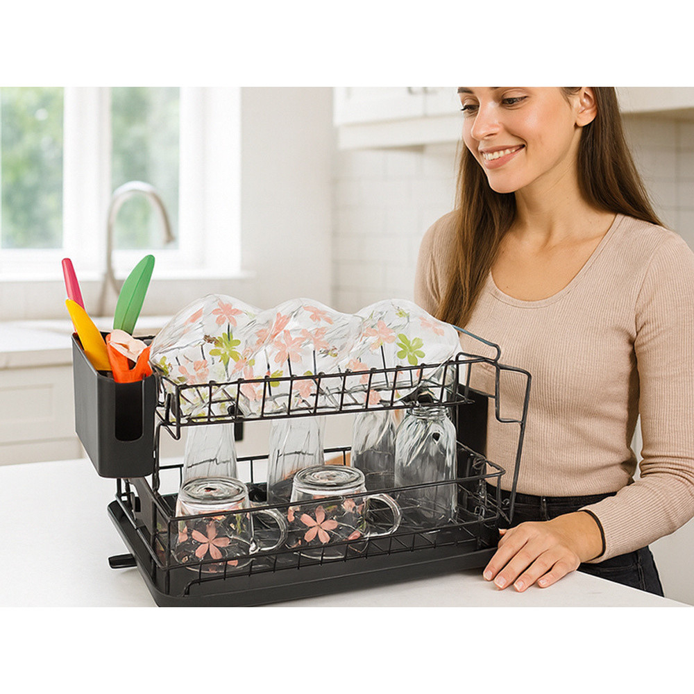 Scurgator de vase GenesioHome, 2 Niveluri, 42 x 30 x 27.5 cm, Orifiu Scurgere, Metal si Plastic, Non-toxic, Compact, culoare Negru [10]
