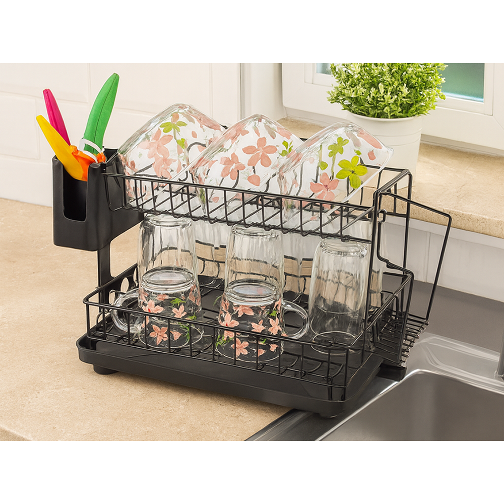 Scurgator de vase GenesioHome, 2 Niveluri, 42 x 30 x 27.5 cm, Orifiu Scurgere, Metal si Plastic, Non-toxic, Compact, culoare Negru [4]