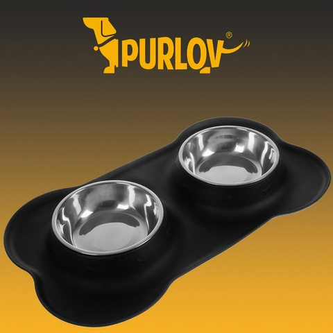 Set 2 boluri Purlov pentru caini si pisici, 2 x 450 ml, inox, suport din silicon antiderapant, protectie pentru scurgeri, negru [8]
