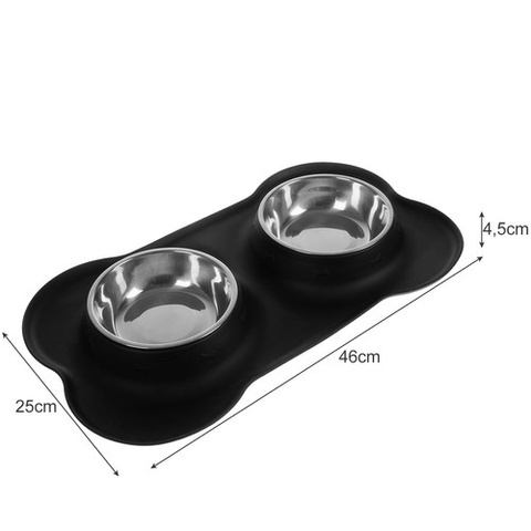 Set 2 boluri Purlov pentru caini si pisici, 2 x 450 ml, inox, suport din silicon antiderapant, protectie pentru scurgeri, negru [7]