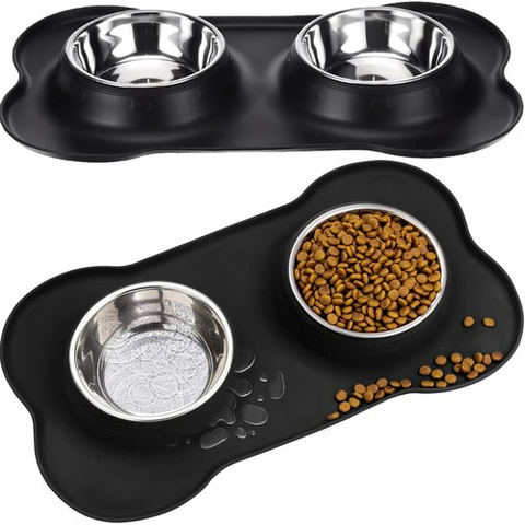 Set 2 boluri Purlov pentru caini si pisici, 2 x 450 ml, inox, suport din silicon antiderapant, protectie pentru scurgeri, negru [5]