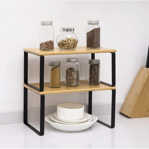 Set 2 rafturi organizatoare bucatarie Ruhhy, bambus si metal, suprapozabile, pentru condimente, vase si accesorii, 33.5 x 19.5 cm [4]