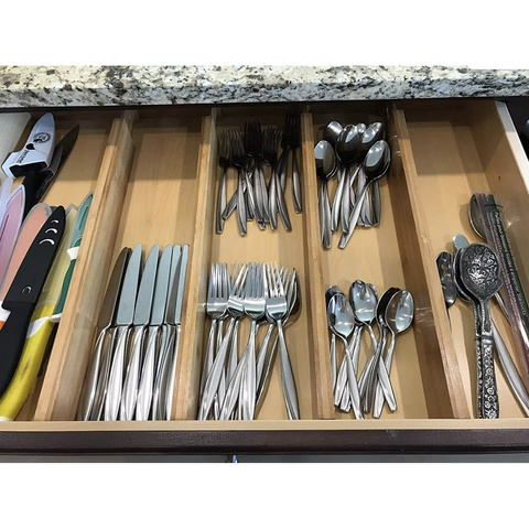 Set 4 Separatoare Reglabile pentru Sertare RUHHY, Organizator Sertar din Bambus, Divizor Telescopic 42–56 cm, Protectie EVA Antiderapanta [3]