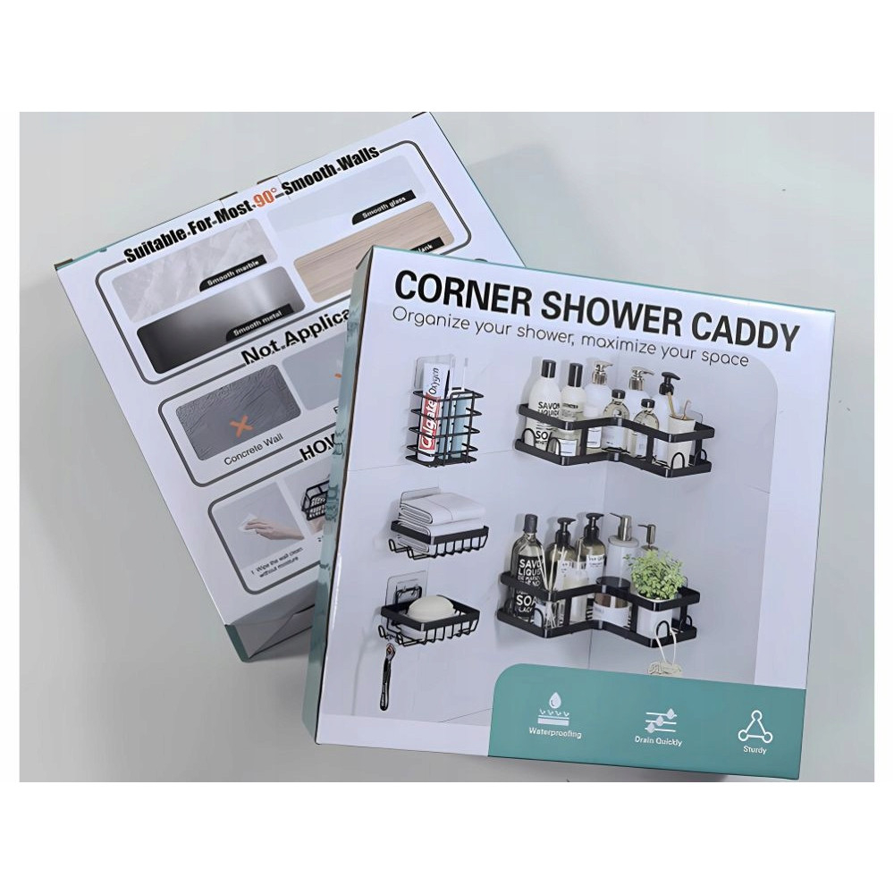 Set 5 rafturi pentru colt, Metal, Autoadezive, fara gaurire, Anti-coroziune, Rezistente, culoare Negru [4]