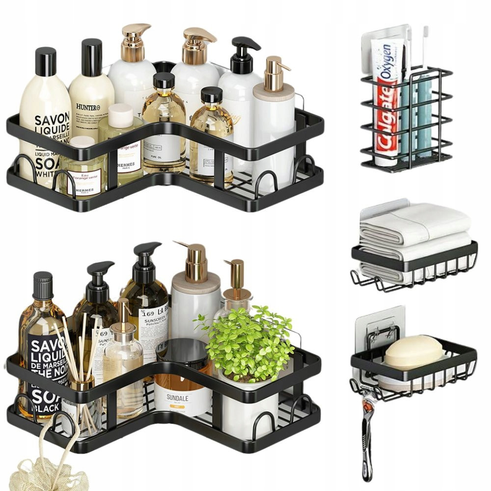 Set 5 rafturi pentru colt, Metal, Autoadezive, fara gaurire, Anti-coroziune, Rezistente, culoare Negru [5]