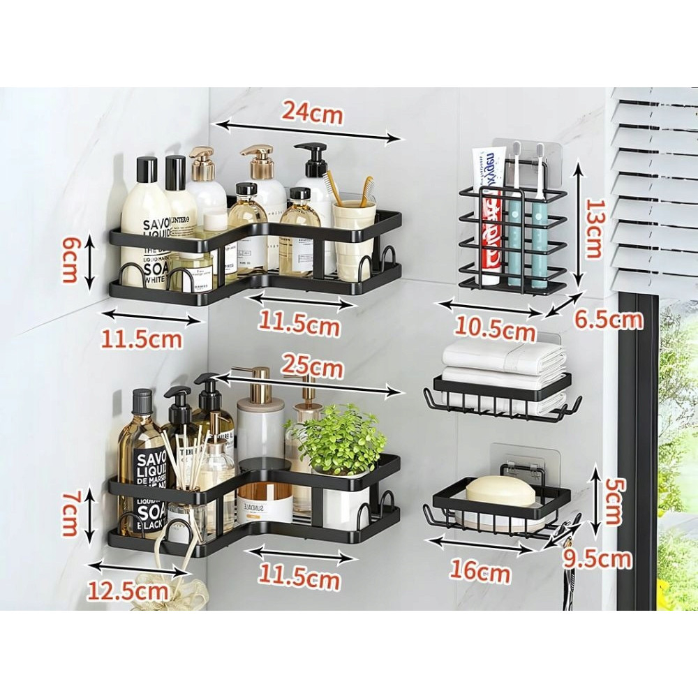 Set 5 rafturi pentru colt, Metal, Autoadezive, fara gaurire, Anti-coroziune, Rezistente, culoare Negru [6]