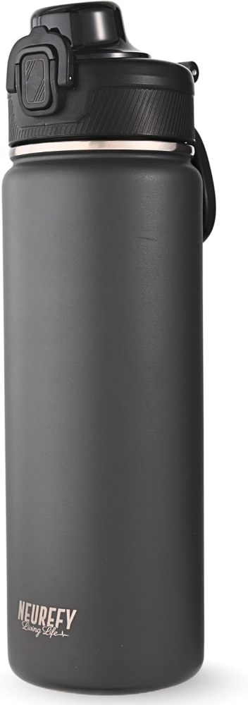 Sticla termoizolanta NEUREFY, 700 ml, otel inoxidabil, 24h rece/12h cald, capac anti-scurgere cu pai si blocare, maner, gri [2]