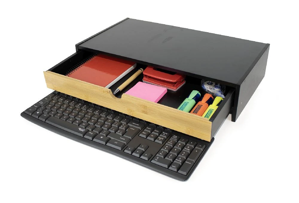 Suport Monitor cu Sertar Comfortime, Organizator birou pentru monitor si tastatura, 47 x 26 x 10 cm, Bambus + MDF, culoare Negru/Natur [4]
