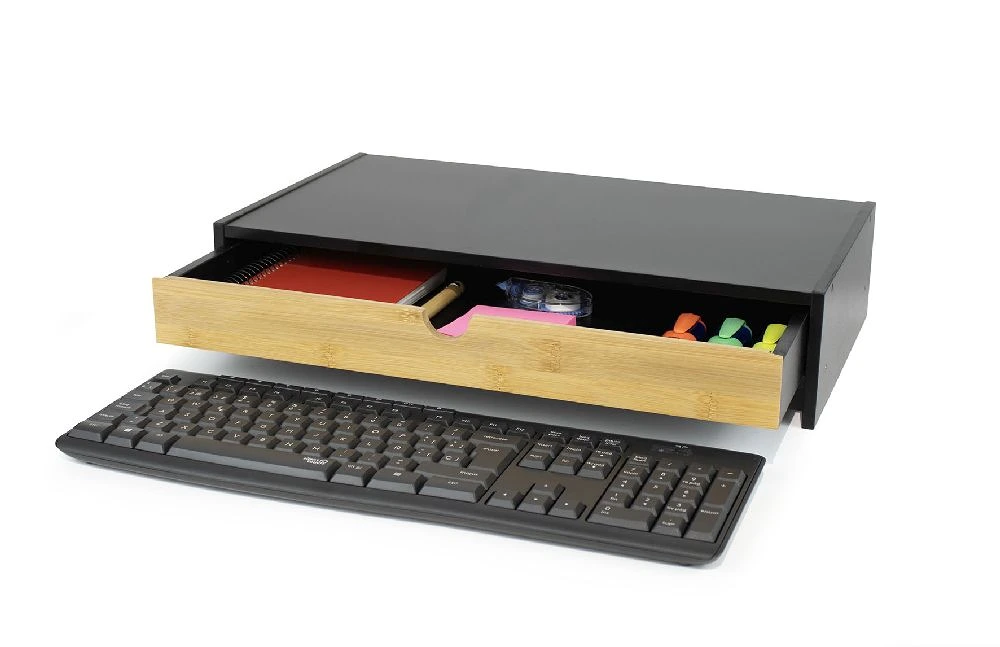 Suport Monitor cu Sertar Comfortime, Organizator birou pentru monitor si tastatura, 47 x 26 x 10 cm, Bambus + MDF, culoare Negru/Natur [3]