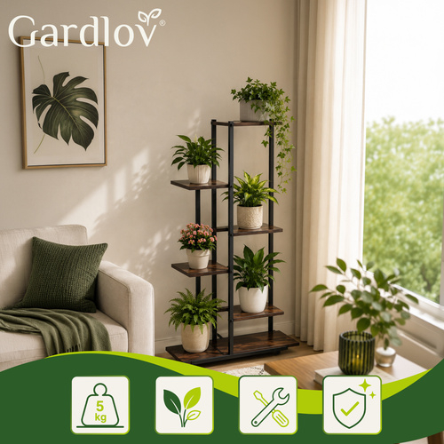 Suport pentru flori Gardlov, 6 niveluri, stil Loft, MDF si metal, 113 cm, Negru/Maro [2]
