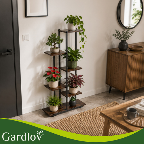 Suport pentru flori Gardlov, 6 niveluri, stil Loft, MDF si metal, 113 cm, Negru/Maro [4]