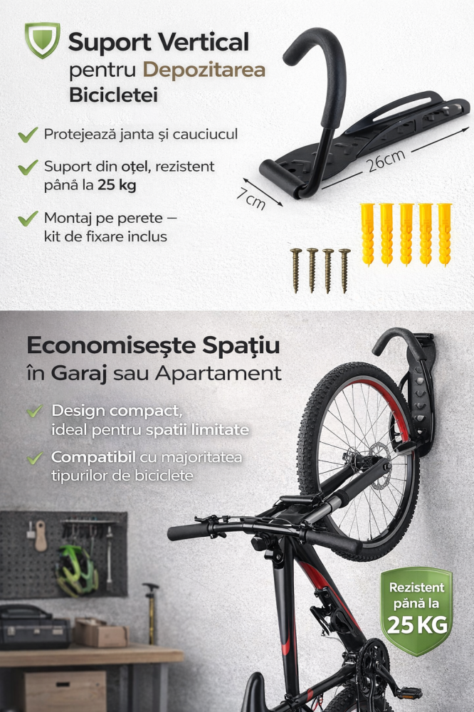 Suport vertical pentru depozitare bicicleta Trizand, montaj pe perete, protectie cauciucata, sarcina max. 25 kg, negru [2]