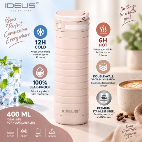 Casa & Organizare - Cana termos IDEUS, 400 ml, otel inoxidabil SUS 304, perete dublu, 12h rece/6h cald, capac etans cu blocare, BPA Free, roz