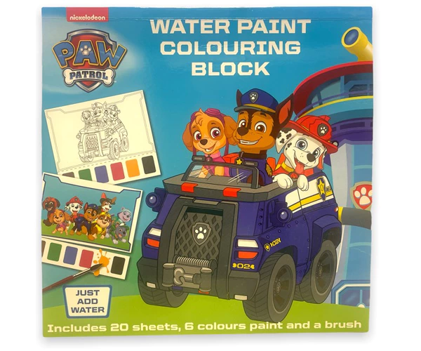 Jucarii & Timp liber - Carte de colorat Paw Patrol, 20x20 cm, 20 pagini, acuarele, 6 culori incluse, pensula