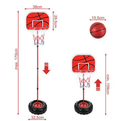 Cos baschet copii, inaltime reglabila 109-170 cm, panou 38 x 29.5 cm, baza stabila cu apa, set complet cu minge si pompa, Metal + Plastic, Multicolor [3]