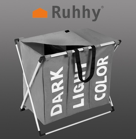 Cos de rufe pliabil, 3 compartimente sortare, 130 de Litri, Dark/Light/Color, 64.5 x 58 x 36.5 cm, Material textil impermeabil Oxford + cadru aluminiu, culoare Gri [5]