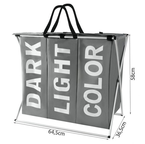 Cos de rufe pliabil, 3 compartimente sortare, 130 de Litri, Dark/Light/Color, 64.5 x 58 x 36.5 cm, Material textil impermeabil Oxford + cadru aluminiu, culoare Gri [4]