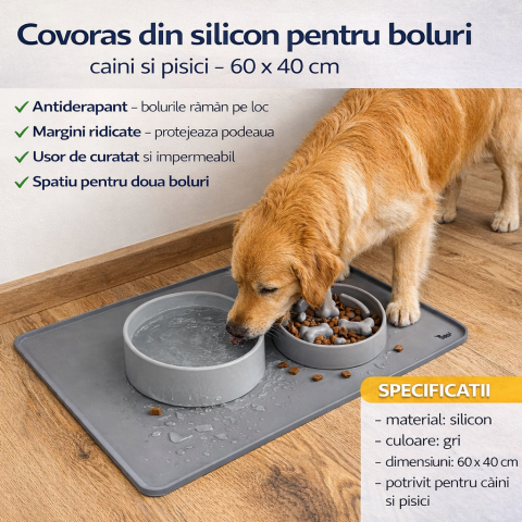 Articole Animale de Companie - Covoras XL din silicon pentru boluri animale, protectie podea 60x40 cm, margini inalte anti-varsare, antiderapant, gri