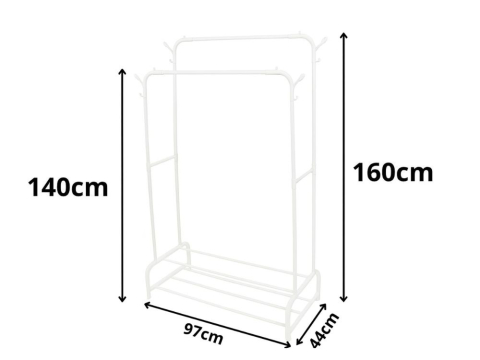 Cuier Metalic pentru Haine cu 2 Bare si 2 Rafturi pentru Incaltaminte, 4 Carlige Laterale, 160 x 97 x 44 cm, Alb [4]