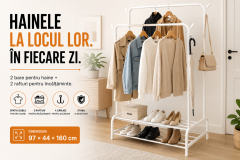 Casa & Organizare - Cuier Metalic pentru Haine cu 2 Bare si 2 Rafturi pentru Incaltaminte, 4 Carlige Laterale, 160 x 97 x 44 cm, Alb