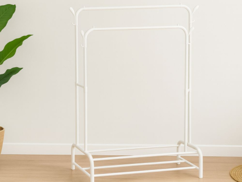 Cuier Metalic pentru Haine cu 2 Bare si 2 Rafturi pentru Incaltaminte, 4 Carlige Laterale, 160 x 97 x 44 cm, Alb [3]
