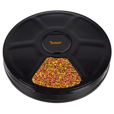 Articole Animale de Companie - Dispenser Automat hrana animale Purlov, 30 cm, 900 ml, 6 compartimente, 6 programe, Negru
