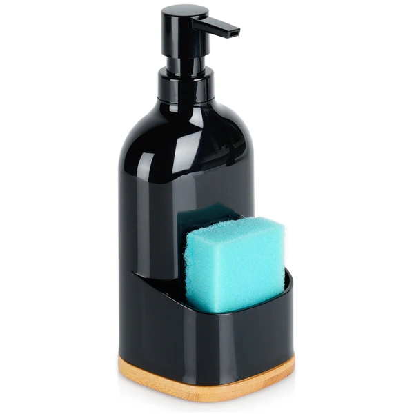Dozator detergent de vase cu suport pentru burete, 500 ml, baza bambus, negru [1]