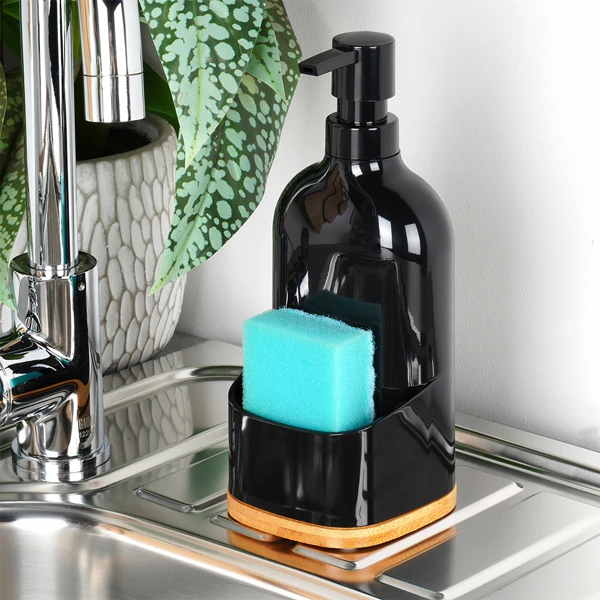 Dozator detergent de vase cu suport pentru burete, 500 ml, baza bambus, negru [2]