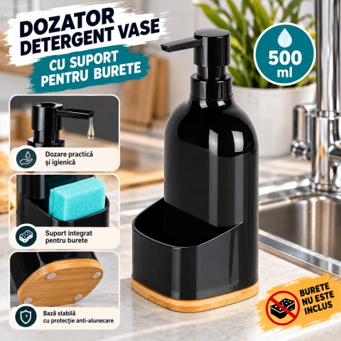 Casa & Organizare - Dozator detergent de vase cu suport pentru burete, 500 ml, baza bambus, negru
