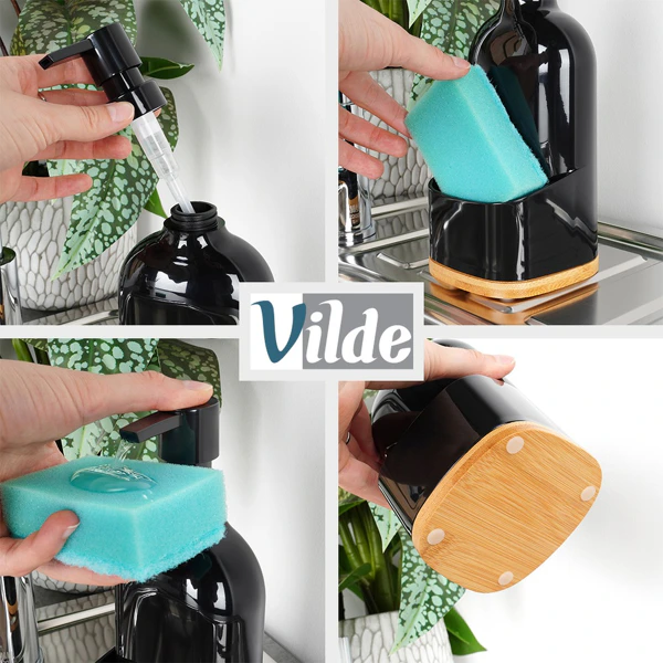 Dozator detergent de vase cu suport pentru burete, 500 ml, baza bambus, negru [4]