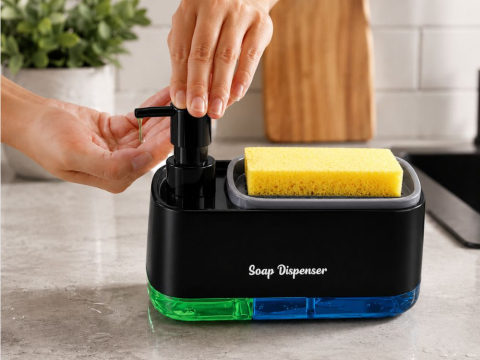 Dozator Detergent Vase cu Suport Burete, Rezervor 2 Compartimente, Dispenser Manual prin Apasare, Organizator Chiuveta, Negru [2]