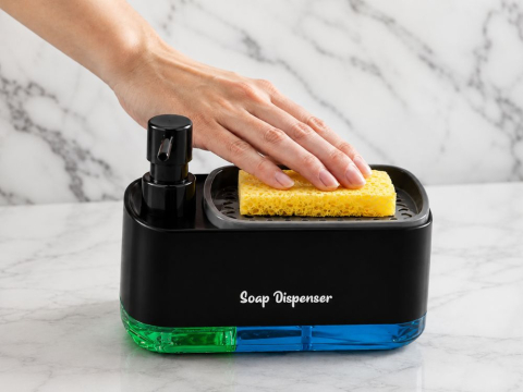 Dozator Detergent Vase cu Suport Burete, Rezervor 2 Compartimente, Dispenser Manual prin Apasare, Organizator Chiuveta, Negru [3]