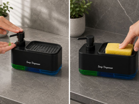 Dozator Detergent Vase cu Suport Burete, Rezervor 2 Compartimente, Dispenser Manual prin Apasare, Organizator Chiuveta, Negru [8]
