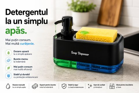 Articole bucatarie - Dozator Detergent Vase cu Suport Burete, Rezervor 2 Compartimente, Dispenser Manual prin Apasare, Organizator Chiuveta, Negru