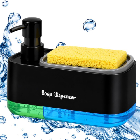 Dozator Detergent Vase cu Suport Burete, Rezervor 2 Compartimente, Dispenser Manual prin Apasare, Organizator Chiuveta, Negru [1]