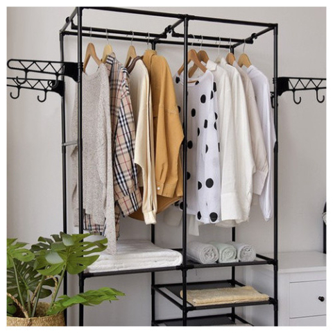 Dulap deschis pentru haine, cu rafturi textile si bara umerase, structura metalica, 173 cm, negru [3]