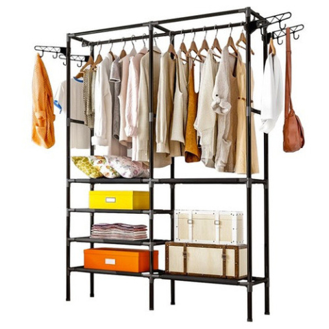 Dulap deschis pentru haine, cu rafturi textile si bara umerase, structura metalica, 173 cm, negru [5]