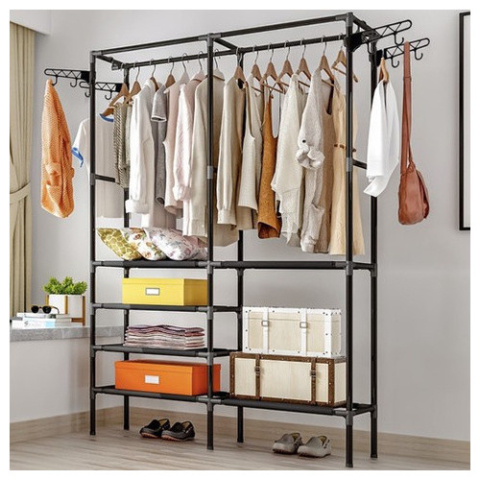 Casa & Organizare - Dulap deschis pentru haine, cu rafturi textile si bara umerase, structura metalica, 173 cm, negru