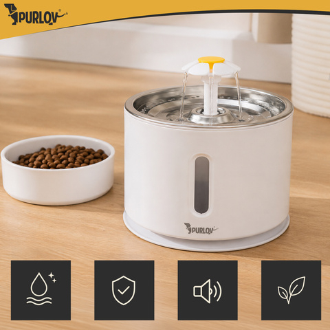Fantana automata de apa Purlov pentru pisici si caini, 2.4 L, filtru, pompa 2W, LED, alimentare USB, inox [1]