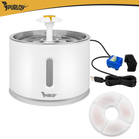 Articole Animale de Companie - Fantana automata de apa Purlov pentru pisici si caini, 2.4 L, filtru, pompa 2W, LED, alimentare USB, inox