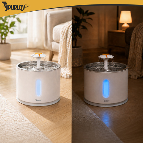 Fantana automata de apa Purlov pentru pisici si caini, 2.4 L, filtru, pompa 2W, LED, alimentare USB, inox [4]