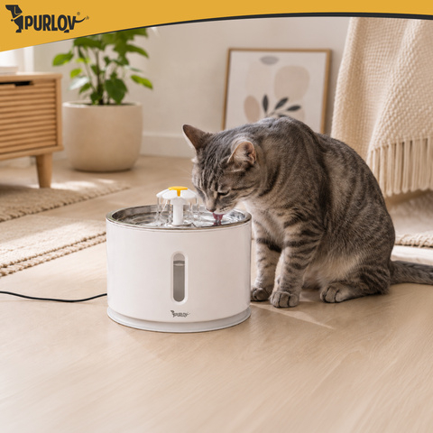 Fantana automata de apa Purlov pentru pisici si caini, 2.4 L, filtru, pompa 2W, LED, alimentare USB, inox [3]