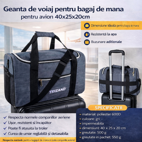 Gradina & Outdoor - Geanta multifunctionala Trizand 40x25x20 cm – bagaj de mana avion, geanta sport & travel, material impermeabil, 20L, gri