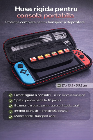 Jucarii & Timp liber - Husa rigida pentru consola, Dunmoon, protectie anti-soc, spatiu pentru jocuri si accesorii, fermoar sigur, negru/rosu